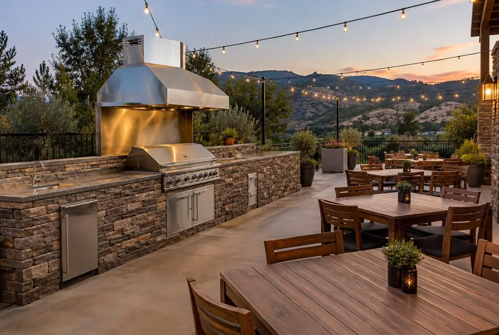 Illustration: a long stone outdoor grill station with a stainless hood beside string-lit dining tables on a restaurant patio in Santa Clarita