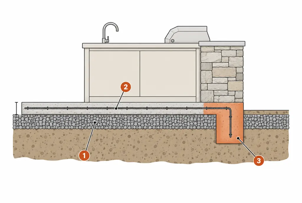 Diagram: cross-section of a reinforced concrete pad on a compacted gravel base under an outdoor kitchen island, with a thickened edge under the heaviest leg and a dimension bracket on the slab thickness