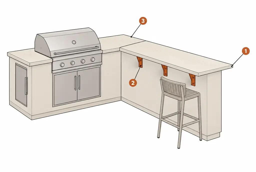Diagram: side section of an island countertop extending past the island face as a seating overhang, held by hidden steel brackets fixed into the frame, with knee space below