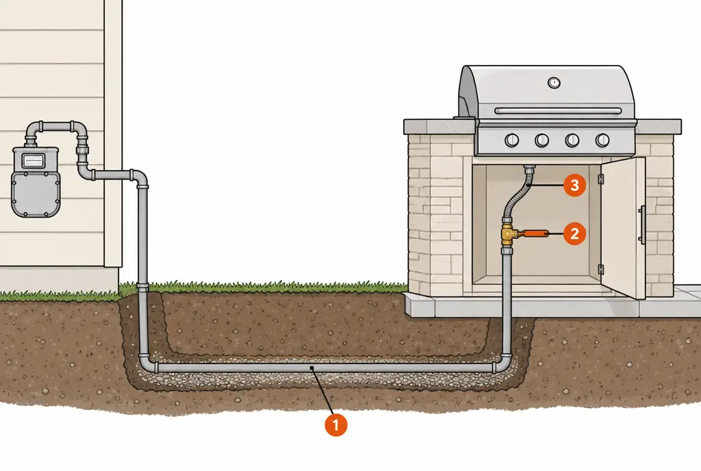 Diagram: plan and section of a gas line running from a house meter through a buried trench to an island, rising inside the grill bay to a shutoff valve and a flexible connector