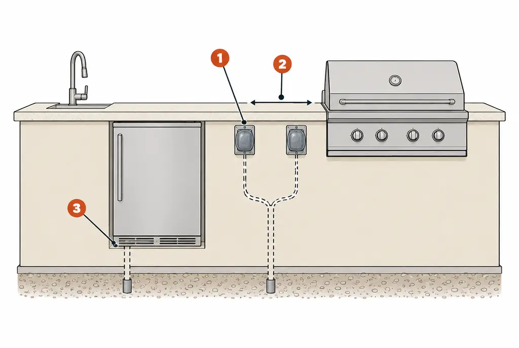 Diagram: front elevation of an outdoor kitchen island with two weather-resistant outlets under in-use covers on the island face, a conduit running down inside the island to the ground, and a refrigerator bay beside them
