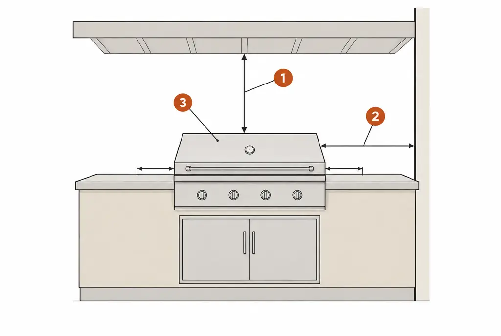 Diagram: side elevation of a built-in grill in an island under a patio cover, with dimension brackets from the grill to the ceiling above, to a wall behind and to the counter edge at each side