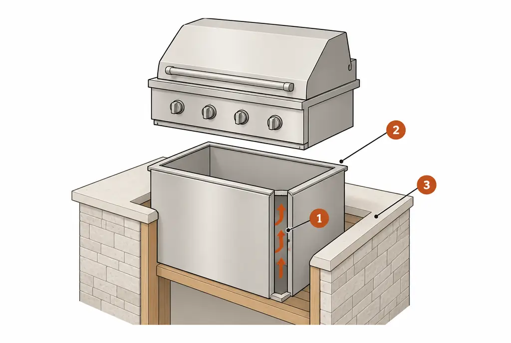 Diagram: exploded view of a built-in grill lifting out of a double-walled insulated jacket that sits inside an island cutout, with the air gap between the walls highlighted