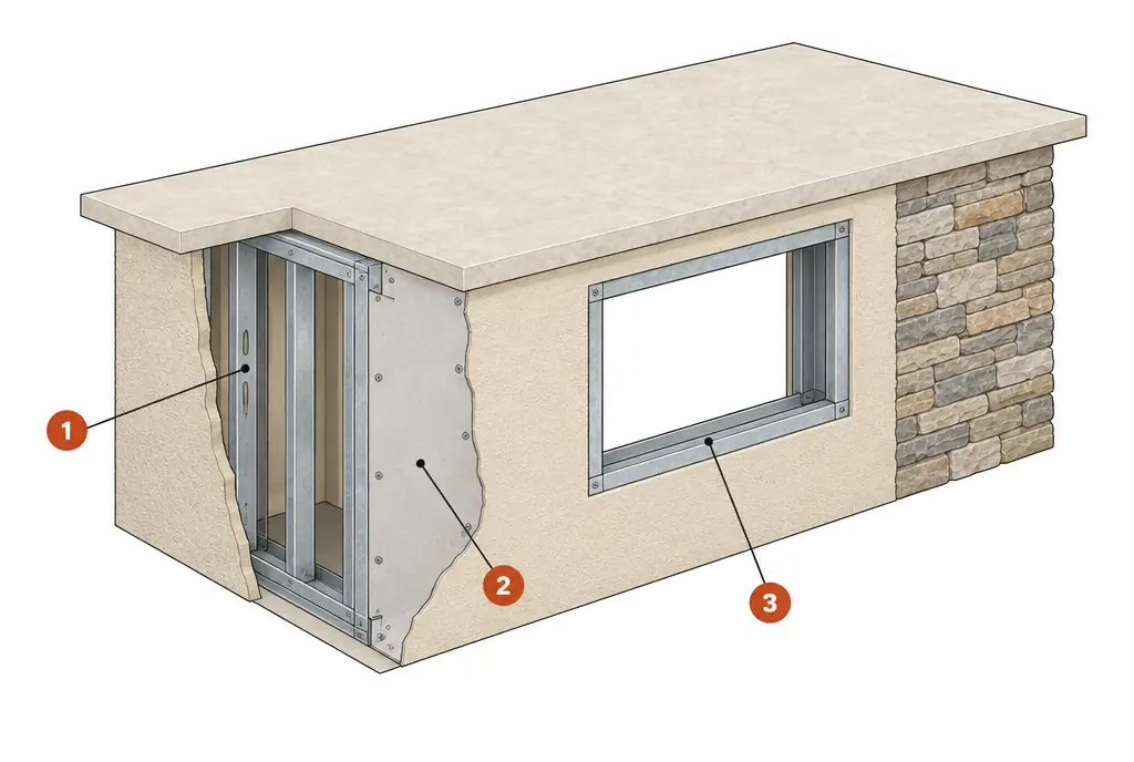 Diagram: cutaway of an outdoor kitchen island showing a galvanized steel stud frame, cement backer board on the faces, a stucco or stone finish layer and a countertop on top