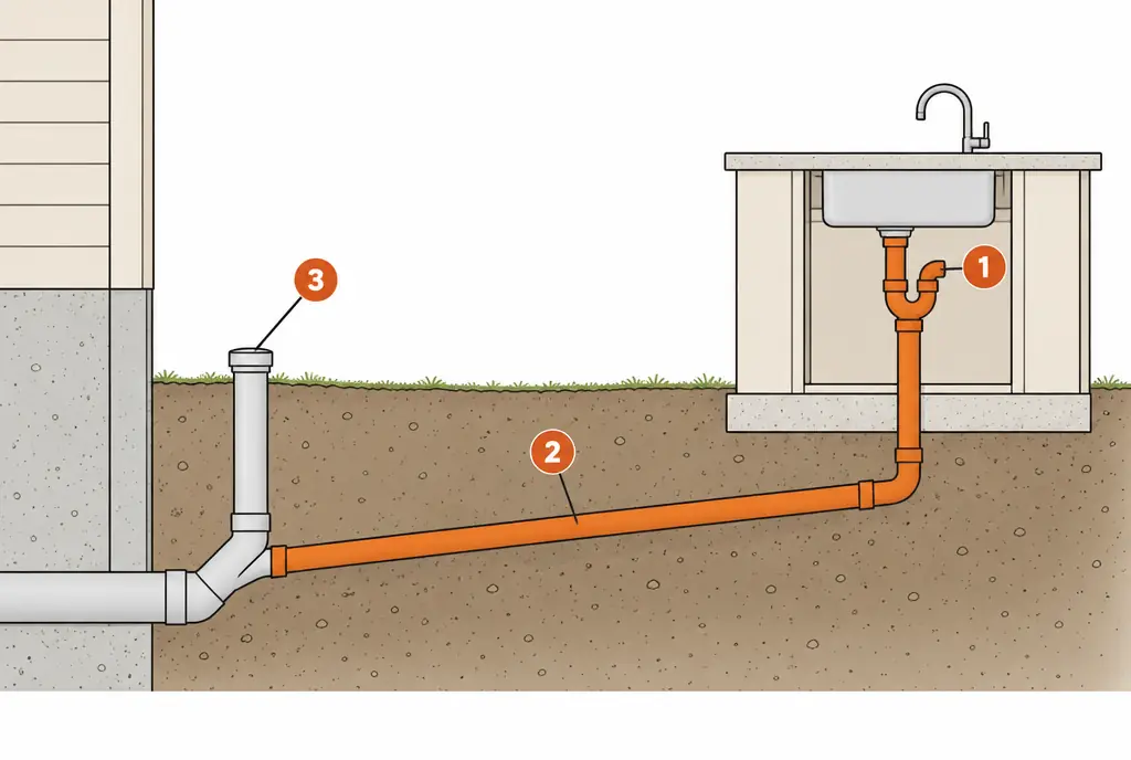 Diagram: cross-section of an outdoor kitchen island sink with a P-trap below it, a drain line sloping downhill underground, and the tie-in at the house sewer cleanout