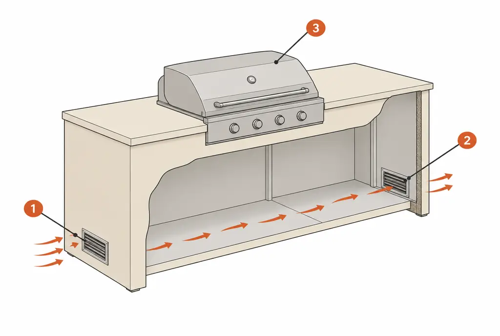 Diagram: front and end view of an outdoor kitchen island with vent grilles low on opposite ends of the cabinet and arrows showing air entering one side and leaving the other