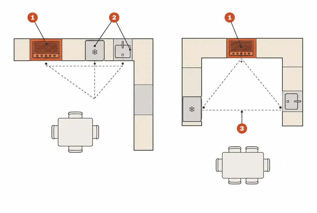 Diagram: two plan views side by side, an L-shaped island and a U-shaped kitchen, each with hot, cold and wet zones marked and a triangle of paths between them