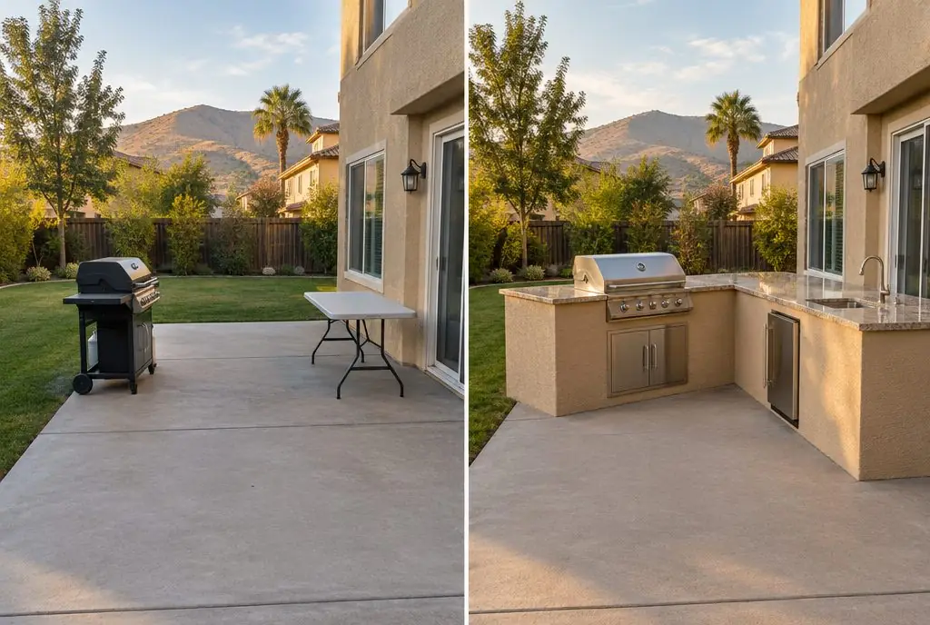 Illustration: split view of a Valencia backyard patio, an empty concrete slab with a freestanding cart grill on the left and a stucco L-shaped island with a built-in grill, a refrigerator door and a sink on the right