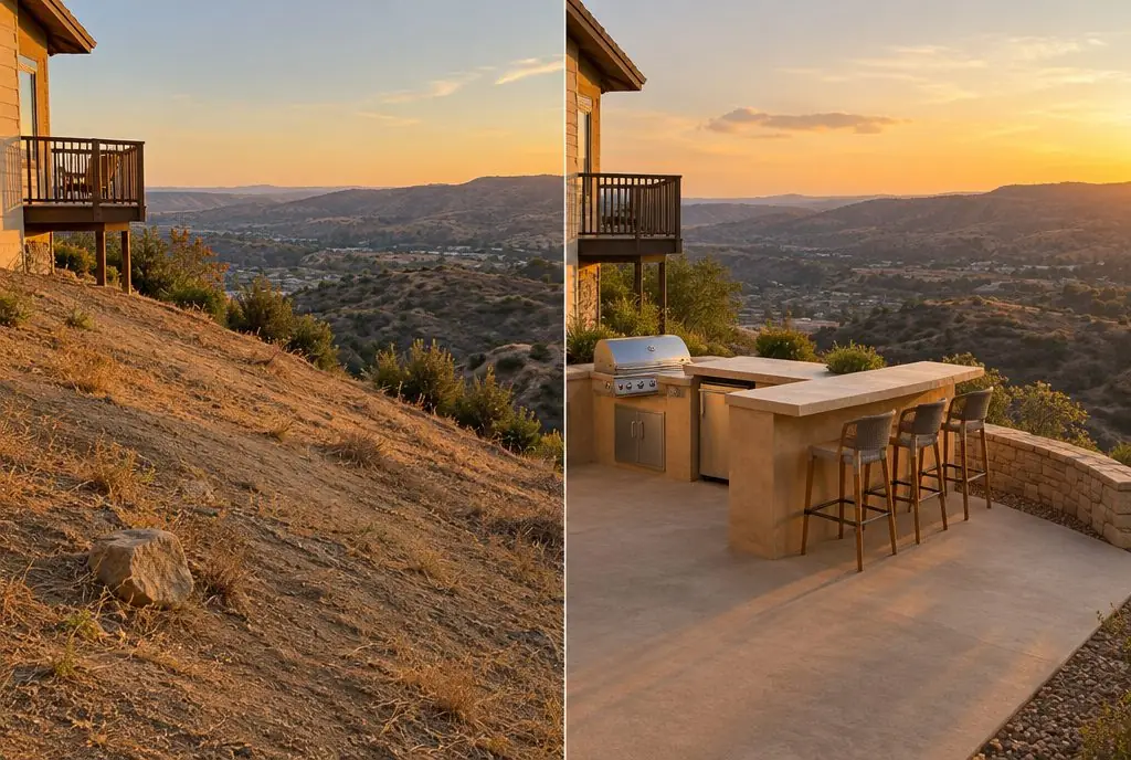 Illustration: split view of a Val Verde hillside, a sloping dirt terrace with a view over dry canyon hills on the left and a straight island with a raised bar top, stools and a built-in grill on a level terrace on the right