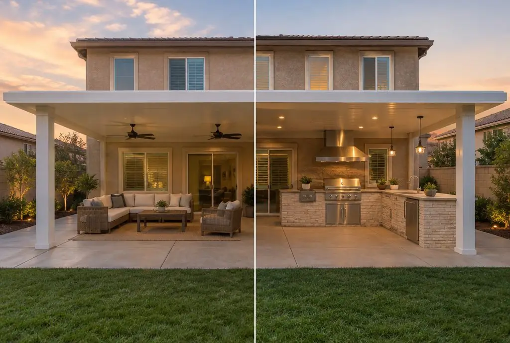 Illustration: split view of a Valencia covered patio, an empty space under a solid patio cover with outdoor furniture on the left and an L-shaped island with a grill, a side burner and a stainless vent hood under the same cover on the right