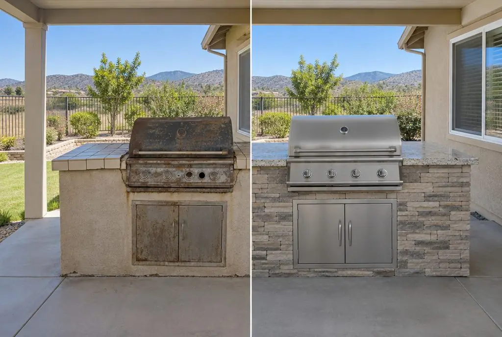 Illustration: split view of a Saugus ranch-home patio, a faded tiled BBQ island with a rusty grill on the left and a clean modular island with a stone-look finish and a new stainless grill on the right