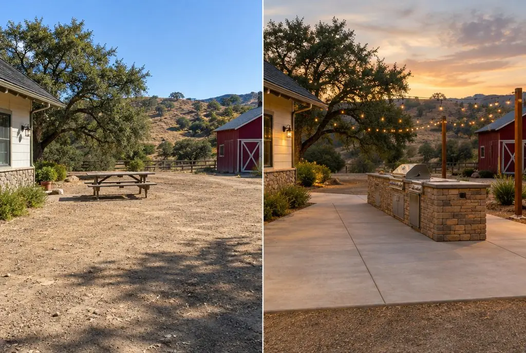 Illustration: split view of a Castaic ranch property, a dirt clearing between a house and a barn with a picnic table on the left and a long stone-clad outdoor kitchen island on a new concrete pad with a grill and a side burner on the right