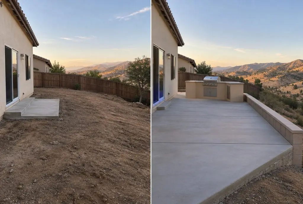 Illustration: split view of a sloping Canyon Country backyard, bare graded dirt falling away from a small patio on the left and a level concrete pad with a short retaining edge and a straight stucco BBQ island with a grill on the right