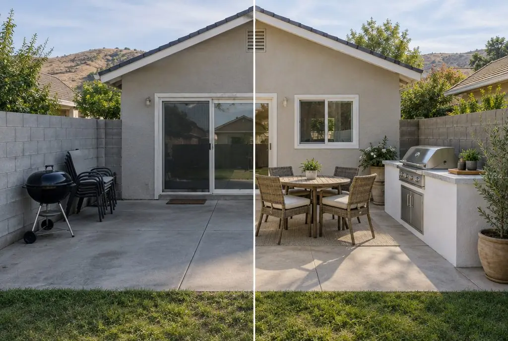 Illustration: split view of a small Newhall bungalow backyard, a cramped patio with a kettle grill beside a block wall on the left and a compact straight stucco island with a built-in grill along the same wall and a small table on the right