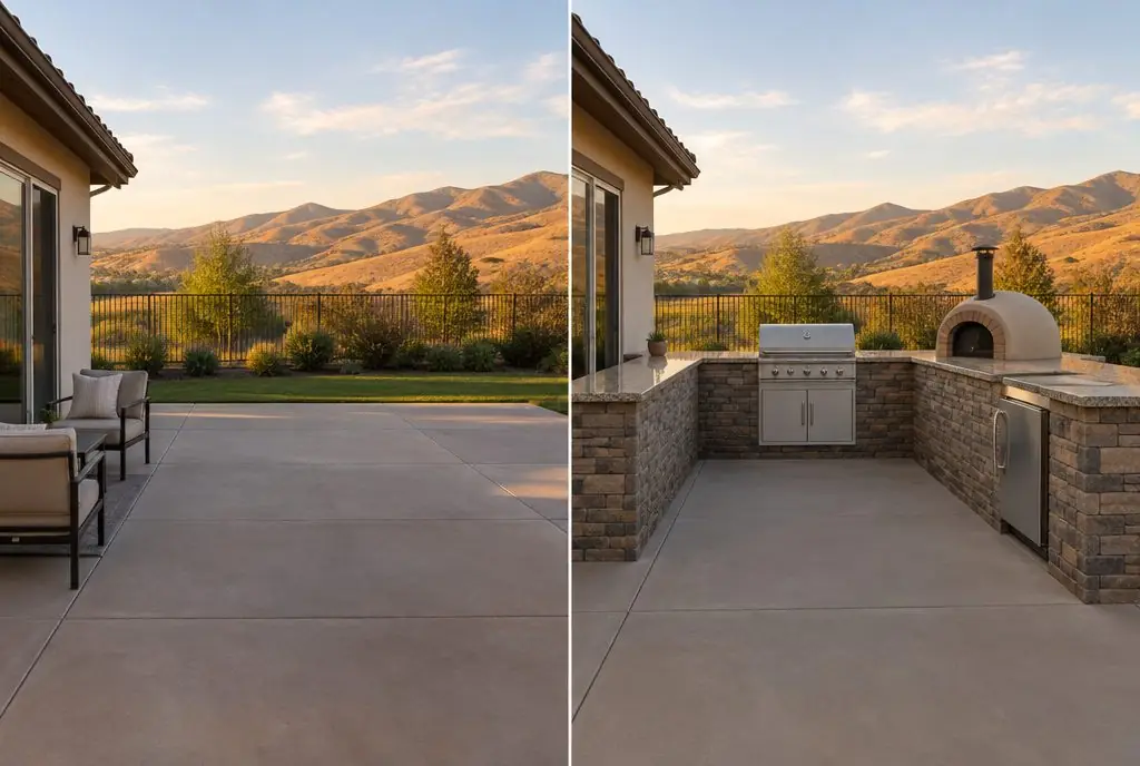 Illustration: split view of a large Stevenson Ranch patio facing dry foothills, an empty slab with patio chairs on the left and a stone-clad U-shaped outdoor kitchen with a grill, a dome pizza oven and a refrigerator on the right