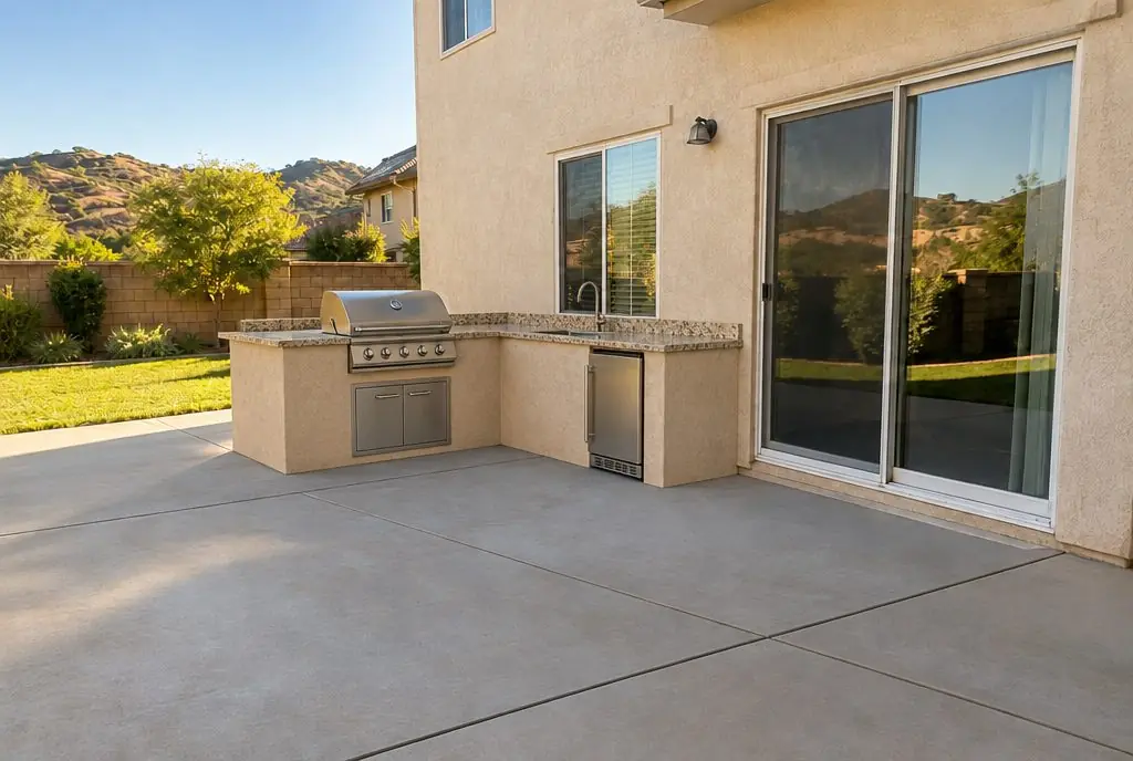 Illustration: the same patio with an L-shaped stucco island holding a built-in grill, an outdoor refrigerator and a sink under a granite countertop