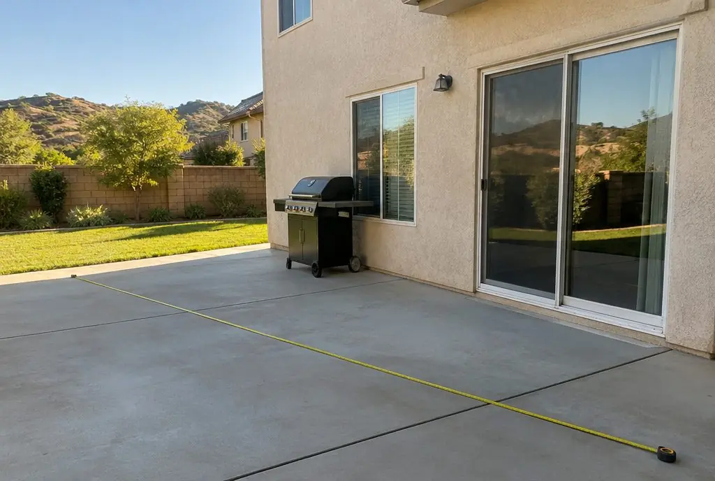Illustration: a plain concrete patio behind a two-story stucco home with a cart grill and a tape measure laid out along the slab