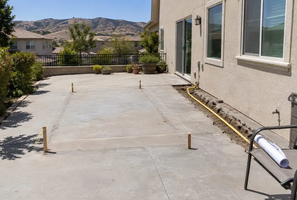 Illustration: a backyard patio with stakes and a string line marking an island footprint and a shallow trench running from the side of the house toward it