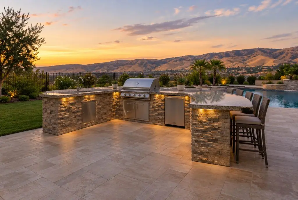 Illustration: an L-shaped stone outdoor kitchen with a built-in grill and bar seating on a Santa Clarita backyard patio at dusk