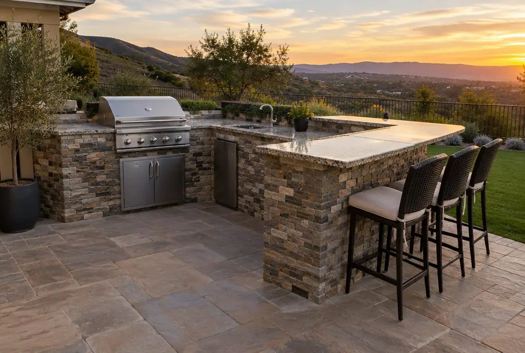 Illustration: an L-shaped stone veneer outdoor kitchen with a grill on one leg and bar stools along the other on a Valencia patio