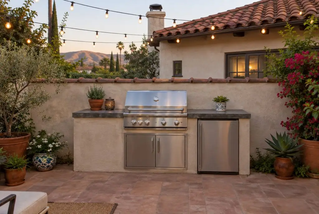Illustration: a typical Newhall backyard with an outdoor kitchen
