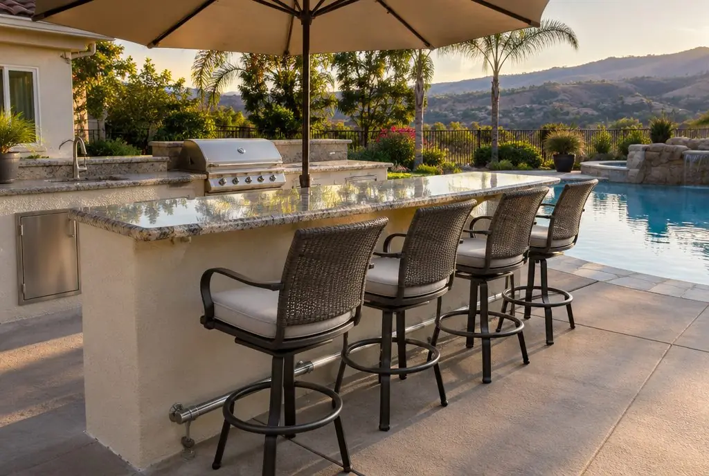 Illustration: a raised granite bar ledge with four stools on the guest side of a stucco outdoor kitchen island facing a pool