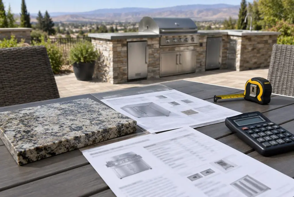 Illustration: an outdoor kitchen plan, appliance spec sheets and a calculator with blurred figures on a granite countertop sample