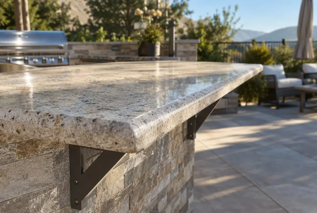 Illustration: a light granite countertop with a bullnose edge and a bar overhang on an outdoor kitchen island in afternoon sun