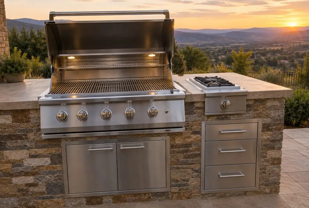 Illustration: a stainless 36-inch built-in grill with a side burner and storage drawers in a stone outdoor kitchen island