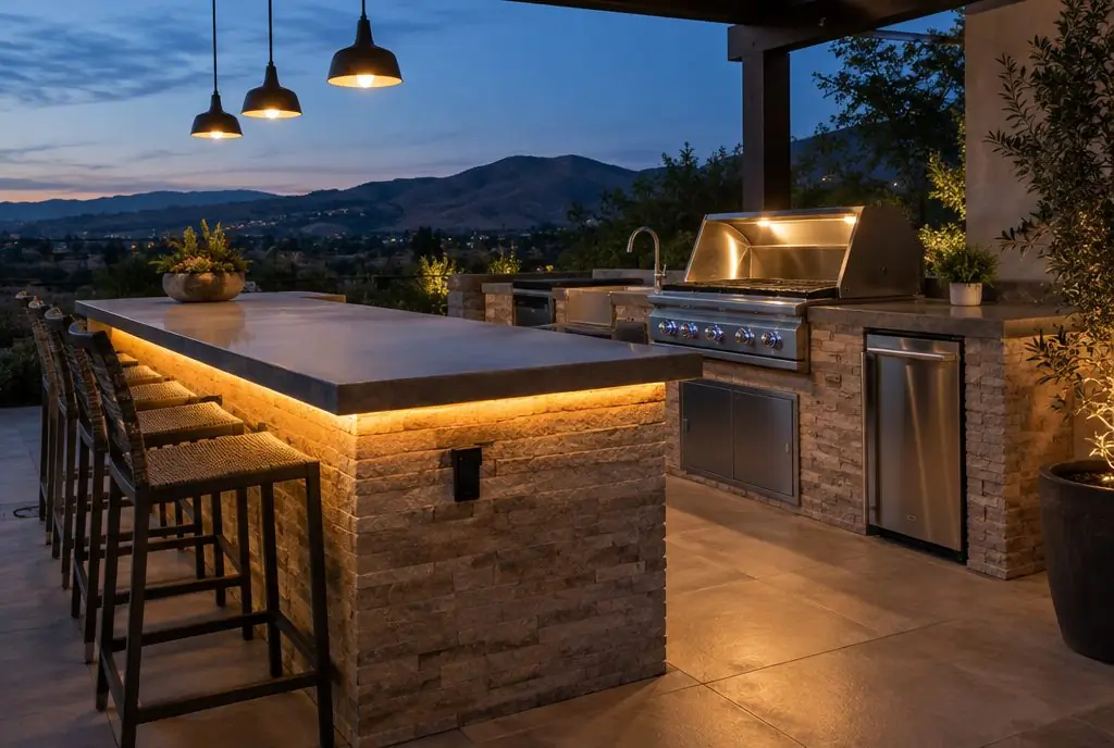 Illustration: an outdoor kitchen island at night with warm LED strips under the countertop edge and a task light over the grill
