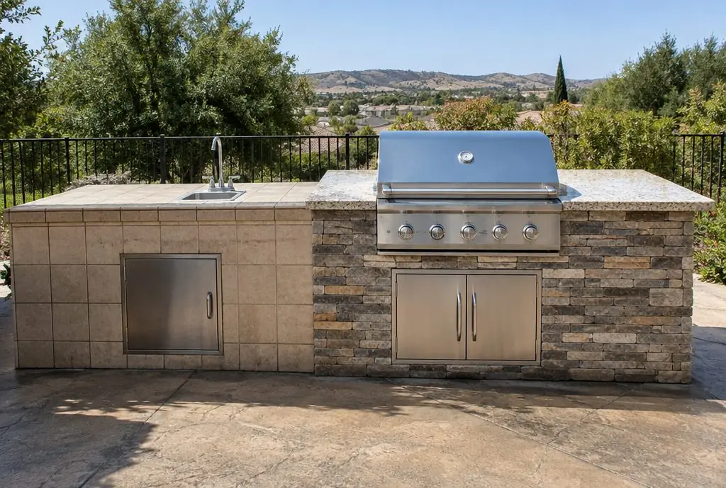 Illustration: an older tiled BBQ island half re-clad in new stacked stone with a new granite top and stainless grill in a Saugus back yard