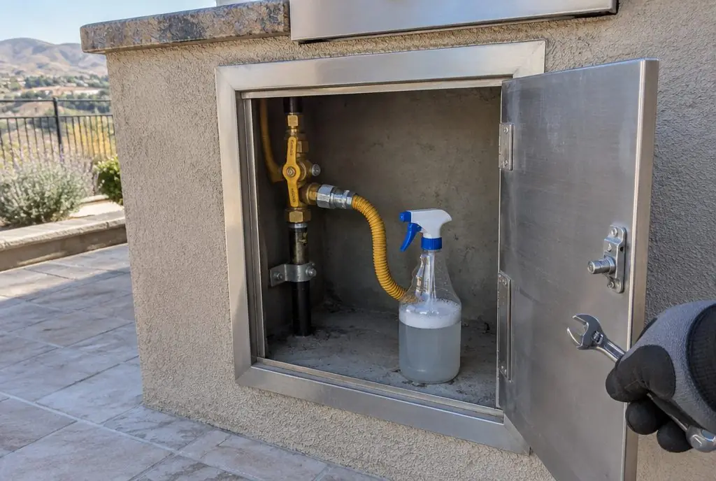 Illustration: an open BBQ island access door showing a gas shutoff valve and connector being checked with a leak-test spray bottle