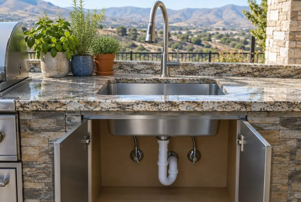Illustration: a stainless undermount sink with a high-arc faucet in a granite outdoor kitchen countertop, cabinet doors open to show the shutoff valves