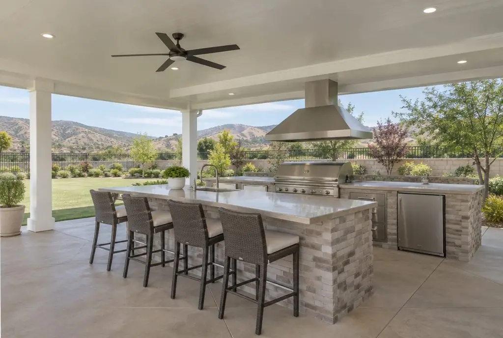 Illustration: an outdoor kitchen island with a stainless vent hood under a solid patio cover, ceiling fan and pendant lights above the bar