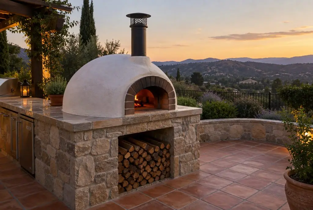 Illustration: a dome pizza oven finished in stucco at the end of a stone outdoor kitchen island with a wood storage niche below