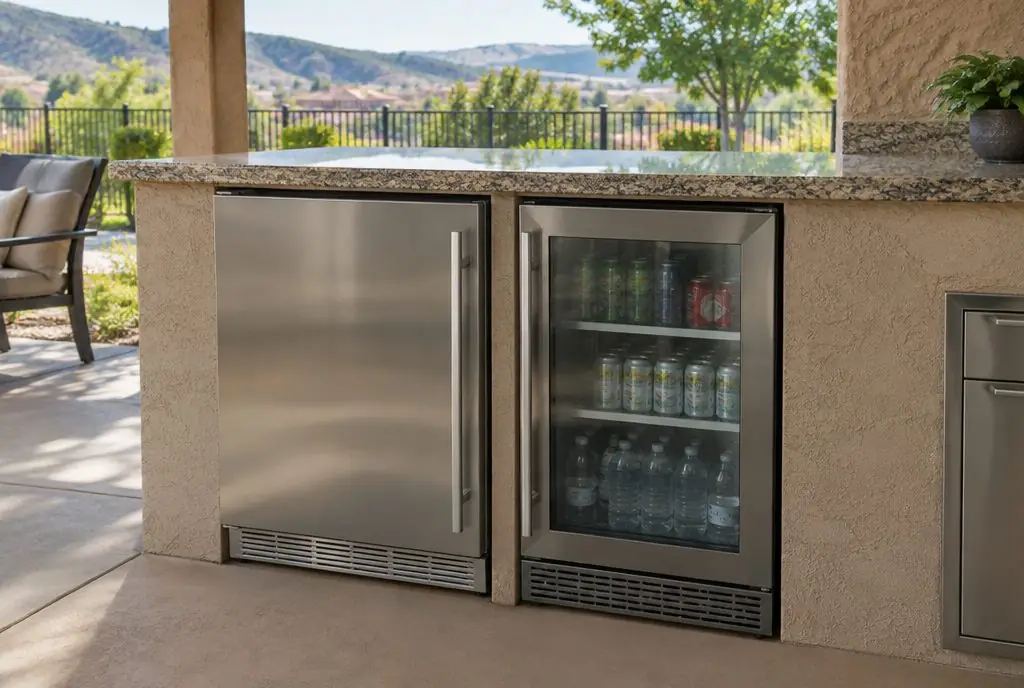 Illustration: a stainless outdoor-rated under-counter refrigerator with a glass door built into a stucco outdoor kitchen island