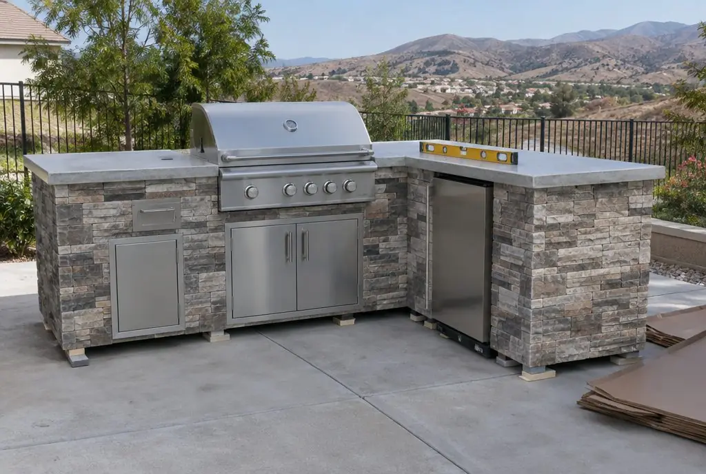 Illustration: a modular stone-panel BBQ island with a stainless grill being set level on a concrete patio in Santa Clarita