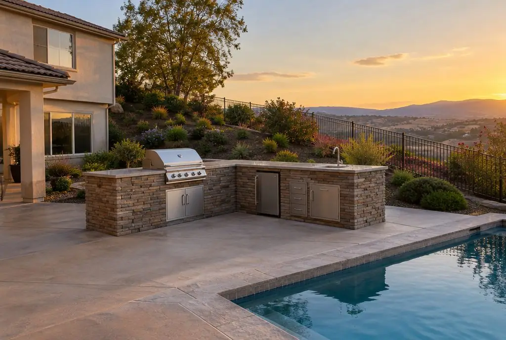 Illustration: a typical Stevenson Ranch backyard with an outdoor kitchen