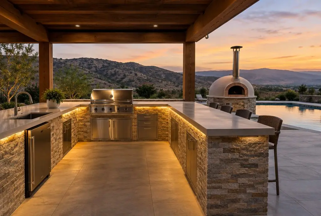Illustration: a U-shaped outdoor kitchen with a grill, sink, pizza oven and bar seating under a patio cover in a large Santa Clarita back yard